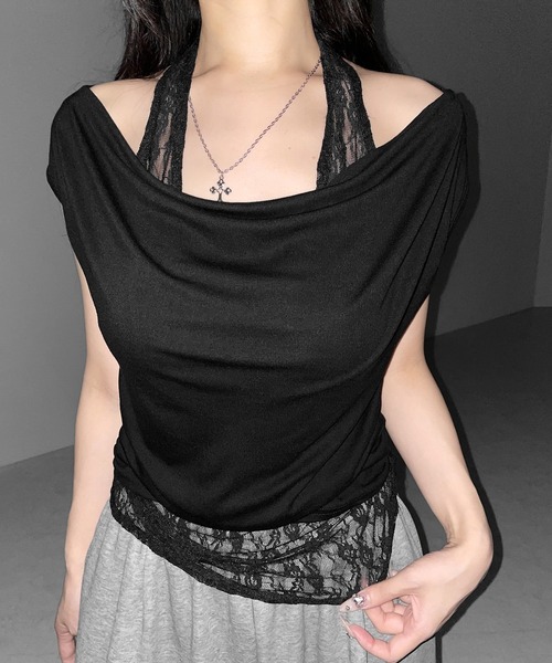 me+em select(ミームセレクト)の「【 2color 】レースレイヤードドレープTシャツ / lace layered drape T-shirts※※(Tシャツ/カットソー・レディース・ホワイト/ブラック・FREE)」の19枚目の写真