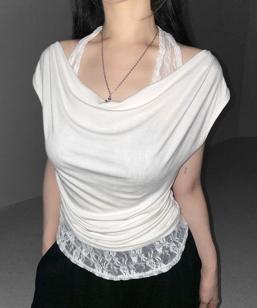 me+em select(ミームセレクト)の「【 2color 】レースレイヤードドレープTシャツ / lace layered drape T-shirts※※(Tシャツ/カットソー・レディース・ホワイト/ブラック・FREE)」の8枚目の写真