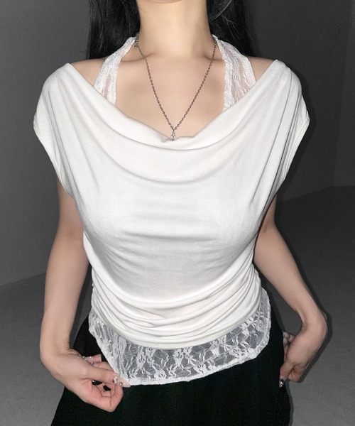 me+em select(ミームセレクト)の「【 2color 】レースレイヤードドレープTシャツ / lace layered drape T-shirts※※(Tシャツ/カットソー・レディース・ホワイト/ブラック・FREE)」の9枚目の写真