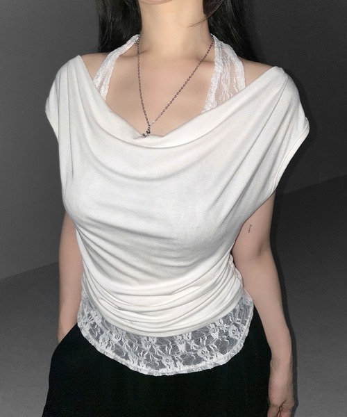 me+em select(ミームセレクト)の「【 2color 】レースレイヤードドレープTシャツ / lace layered drape T-shirts※※(Tシャツ/カットソー・レディース・ホワイト/ブラック・FREE)」の10枚目の写真
