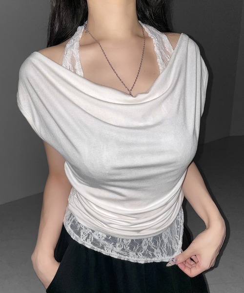 me+em select(ミームセレクト)の「【 2color 】レースレイヤードドレープTシャツ / lace layered drape T-shirts※※(Tシャツ/カットソー・レディース・ホワイト/ブラック・FREE)」の12枚目の写真