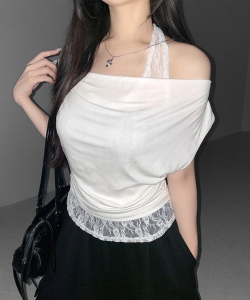 me+em select(ミームセレクト)の「【 2color 】レースレイヤードドレープTシャツ / lace layered drape T-shirts※※(Tシャツ/カットソー・レディース・ホワイト/ブラック・FREE)」の14枚目の写真