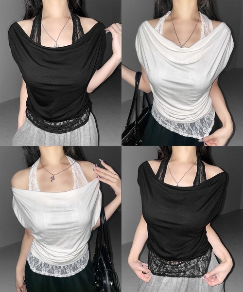 me+em select(ミームセレクト)の「【 2color 】レースレイヤードドレープTシャツ / lace layered drape T-shirts※※(Tシャツ/カットソー・レディース・ホワイト/ブラック・FREE)」の3枚目の写真
