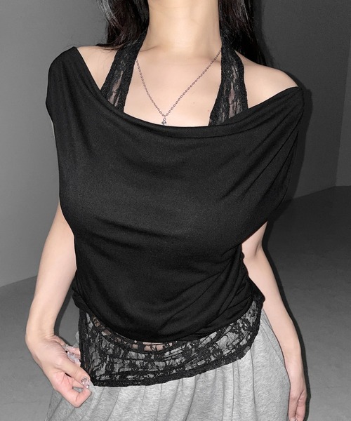 me+em select(ミームセレクト)の「【 2color 】レースレイヤードドレープTシャツ / lace layered drape T-shirts※※(Tシャツ/カットソー・レディース・ホワイト/ブラック・FREE)」の18枚目の写真