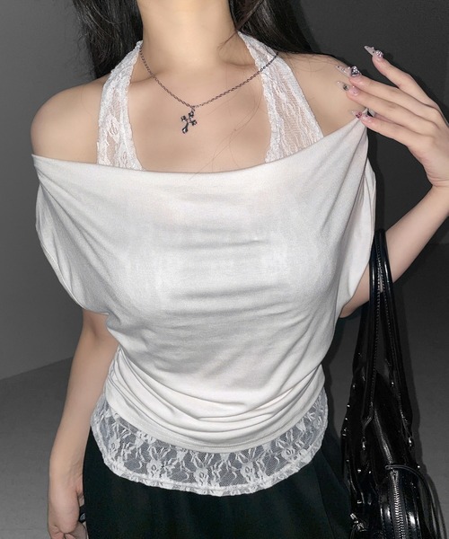 me+em select(ミームセレクト)の「【 2color 】レースレイヤードドレープTシャツ / lace layered drape T-shirts※※(Tシャツ/カットソー・レディース・ホワイト/ブラック・FREE)」の6枚目の写真