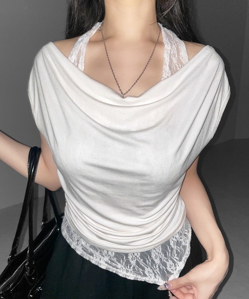 me+em select(ミームセレクト)の「【 2color 】レースレイヤードドレープTシャツ / lace layered drape T-shirts※※(Tシャツ/カットソー・レディース・ホワイト/ブラック・FREE)」の7枚目の写真