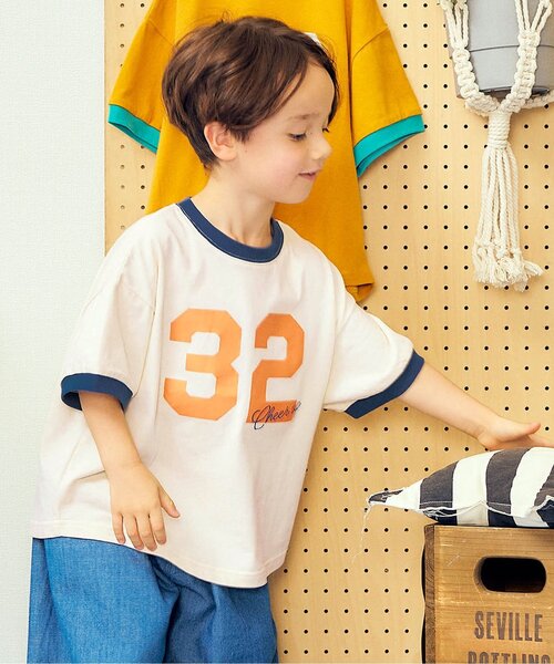 apres les cours(アプレレクール)の「【接触冷感/リンク】ゆったりリンガーナンバリング半袖Tシャツ(Tシャツ/カットソー・キッズ・キナリ/エンジ/キャメル・130/120/110/100/90/80)」の2枚目の写真