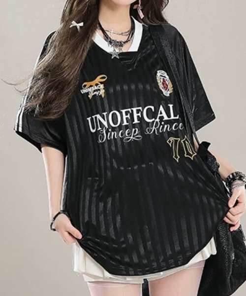ampm(エーエムピーエム)の「ユニフォーム風 ゲームシャツ オーバーサイズ ラインデザイン(Tシャツ/カットソー・レディース・ホワイト/ブラック・S/M)」の7枚目の写真