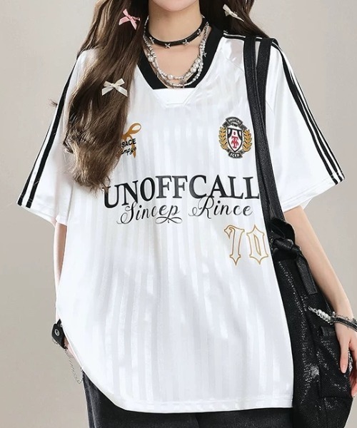 ampm(エーエムピーエム)の「ユニフォーム風 ゲームシャツ オーバーサイズ ラインデザイン(Tシャツ/カットソー・レディース・ホワイト/ブラック・S/M)」の17枚目の写真