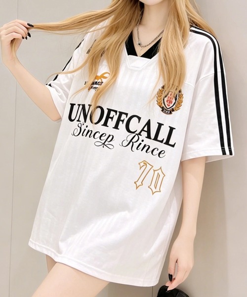 ampm(エーエムピーエム)の「ユニフォーム風 ゲームシャツ オーバーサイズ ラインデザイン(Tシャツ/カットソー・レディース・ホワイト/ブラック・S/M)」の6枚目の写真