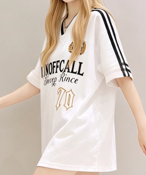 ampm(エーエムピーエム)の「ユニフォーム風 ゲームシャツ オーバーサイズ ラインデザイン(Tシャツ/カットソー・レディース・ホワイト/ブラック・S/M)」の4枚目の写真