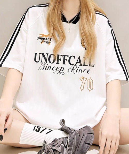 ampm(エーエムピーエム)の「ユニフォーム風 ゲームシャツ オーバーサイズ ラインデザイン(Tシャツ/カットソー・レディース・ホワイト/ブラック・S/M)」の5枚目の写真