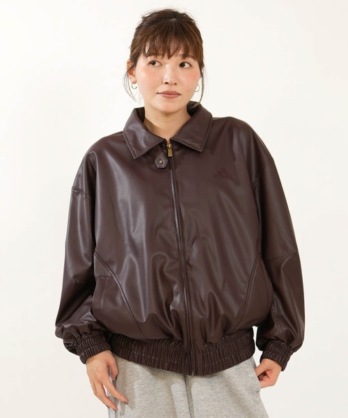 adidas(アディダス)の「adidas/アディダス アウター スタジアム フェイクレザー ルーズフィット ジャケット HI844(その他アウター・レディース・ダークブラウン/ブラック・L/S/XL/M)」の2枚目の写真