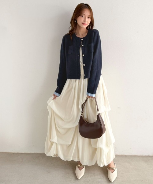 mily bilet(ミウィビレット)の「【mily bilet】秋コーデに、ひとさじの甘さを。取り外し可能フリル襟 2Wayフェイクレイヤードカーディガン(カーディガン/ボレロ・レディース・ネイビー/グレー/アイボリー・SMALL/MEDIUM/LARGE/X-LARGE)」の4枚目の写真