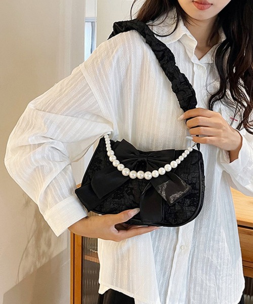 FREE STYLISTS(フリー スタイリスト)の「リボン レース パール クラッチバッグ パーティー・宴会・デイリー 結婚式(ショルダーバッグ・レディース・ホワイト/ブラック・FREE)」の7枚目の写真