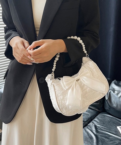 FREE STYLISTS(フリー スタイリスト)の「リボン レース パール クラッチバッグ パーティー・宴会・デイリー 結婚式(ショルダーバッグ・レディース・ホワイト/ブラック・FREE)」の5枚目の写真