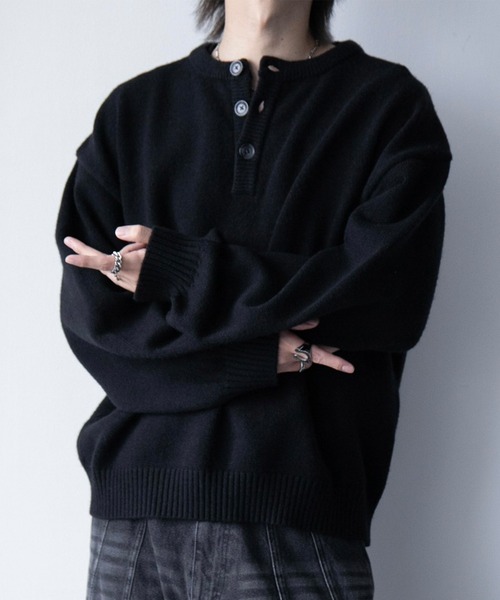 cussil(クシル)の「【cussil/クシル】ハイファンクショナルニット ワイドバルーンスリーブ ルーズヘンリーネックセーター(ニット/セーター・メンズ・ブラック/ワイン/チャコールグレー・S/L/M)」の2枚目の写真
