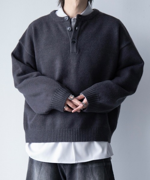cussil(クシル)の「【cussil/クシル】ハイファンクショナルニット ワイドバルーンスリーブ ルーズヘンリーネックセーター(ニット/セーター・メンズ・ブラック/ワイン/チャコールグレー・S/L/M)」の12枚目の写真