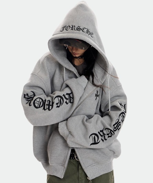 MASHIRO(マシロ)の「Y2Kポイント刺繍ワッフルジップフーディービッグパーカー(MA/EK173)(パーカー・レディース・グレー・FREE)」の2枚目の写真