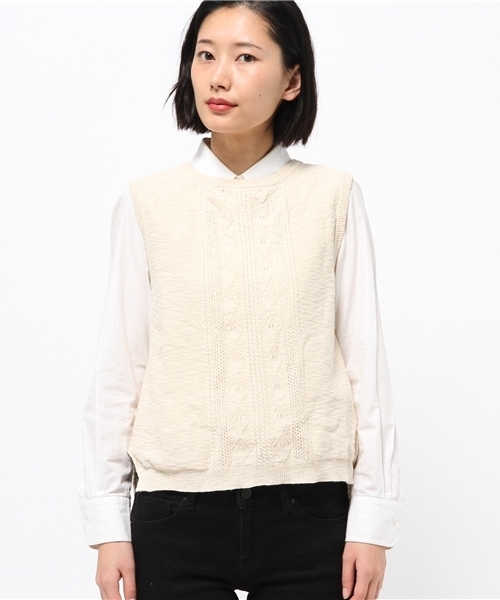 LBC(エルビーシー)の「コットンリネンスラブ後ろ開きベスト(ベスト・レディース・オリーブ/オフホワイト/ネイビー・MEDIUM)」の5枚目の写真