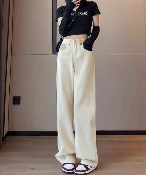Miniministore(ミニミニストア)の「ハイウエストデニムパンツ ジーンズ 美脚(デニムパンツ・レディース・インディゴブルー/アイボリー・L/S/XL/M)」の3枚目の写真