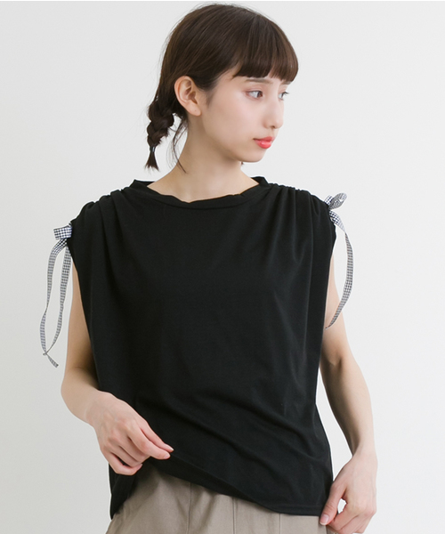 MERLOT（メルロー）の「リボンスリーブクロップドトップス2316（Tシャツ/カットソー・レディース・オフホワイト/ネイビー/ブラック・FREE）」の3枚目の写真