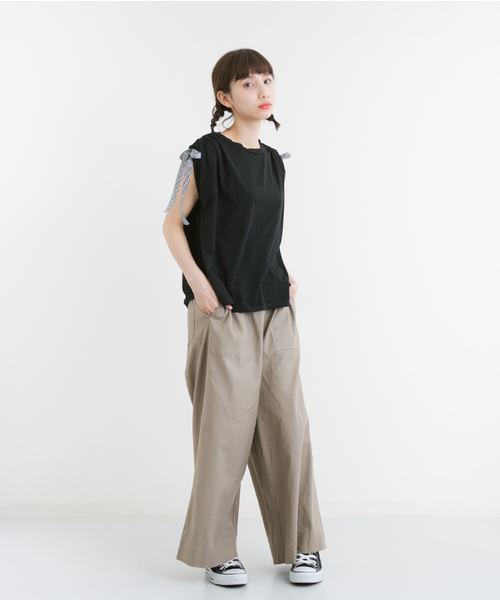 MERLOT（メルロー）の「リボンスリーブクロップドトップス2316（Tシャツ/カットソー・レディース・オフホワイト/ネイビー/ブラック・FREE）」の6枚目の写真