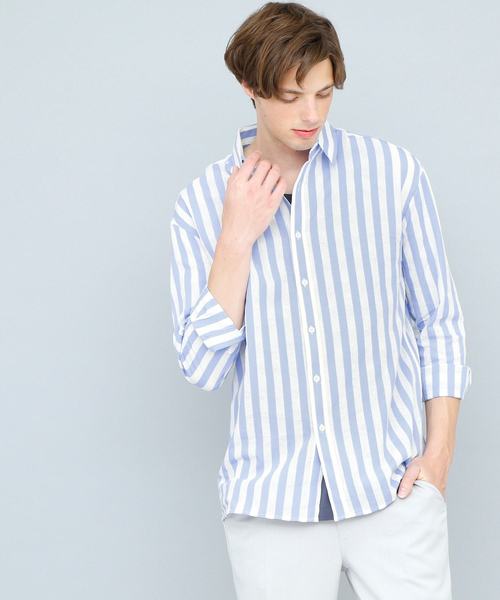 EMMA CLOTHES（エマクローズ）の「コットンストライプシャツ(Oversized Stripe Shirts)（シャツ/ブラウス・メンズ・スカイブルー/ネイビー/ブルー・FREE）」の2枚目の写真