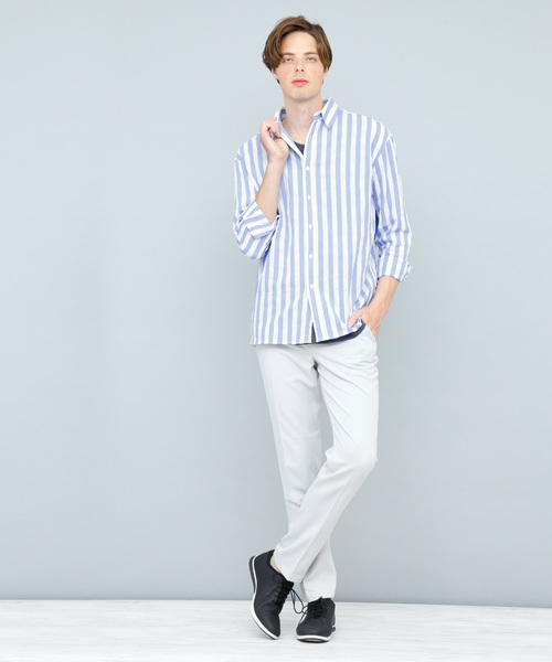 EMMA CLOTHES（エマクローズ）の「コットンストライプシャツ(Oversized Stripe Shirts)（シャツ/ブラウス・メンズ・スカイブルー/ネイビー/ブルー・FREE）」の6枚目の写真