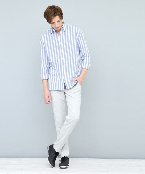 EMMA CLOTHES（エマクローズ）の「コットンストライプシャツ(Oversized Stripe Shirts)（シャツ/ブラウス・メンズ・スカイブルー/ネイビー/ブルー・FREE）」の9枚目の写真