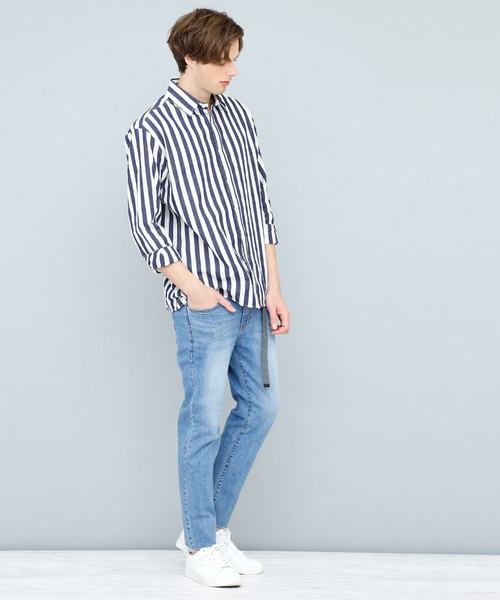 EMMA CLOTHES（エマクローズ）の「コットンストライプシャツ(Oversized Stripe Shirts)（シャツ/ブラウス・メンズ・スカイブルー/ネイビー/ブルー・FREE）」の14枚目の写真