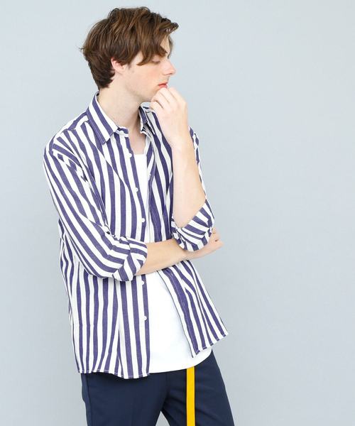 EMMA CLOTHES（エマクローズ）の「コットンストライプシャツ(Oversized Stripe Shirts)（シャツ/ブラウス・メンズ・スカイブルー/ネイビー/ブルー・FREE）」の10枚目の写真