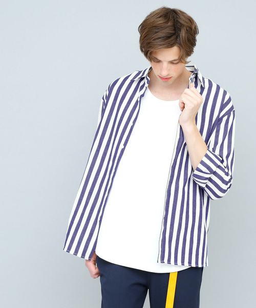EMMA CLOTHES（エマクローズ）の「コットンストライプシャツ(Oversized Stripe Shirts)（シャツ/ブラウス・メンズ・スカイブルー/ネイビー/ブルー・FREE）」の13枚目の写真