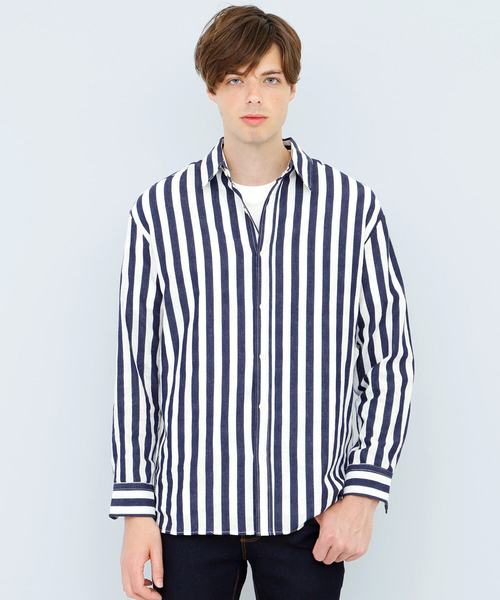 EMMA CLOTHES（エマクローズ）の「コットンストライプシャツ(Oversized Stripe Shirts)（シャツ/ブラウス・メンズ・スカイブルー/ネイビー/ブルー・FREE）」の21枚目の写真