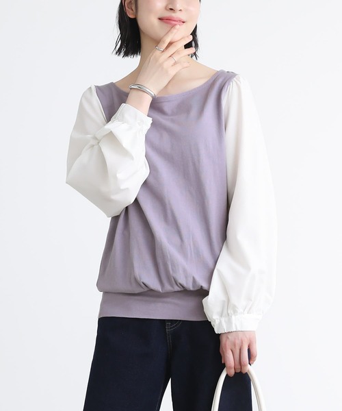 osharewalker(オシャレウォーカー)の「『異素材MIX×配色デザインカットソー』(Tシャツ/カットソー・レディース・ブラック×ホワイト/ブラック×ブラック/ホワイト×ネイビー/グレー×ホワイト/ホワイト×ピンク/ラベンダー・1/2)」の2枚目の写真