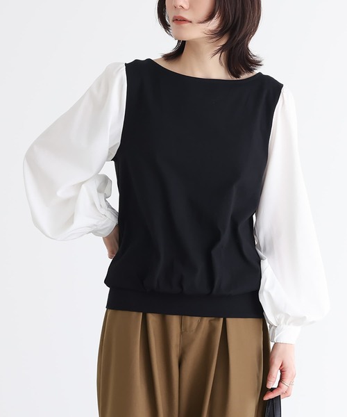 osharewalker(オシャレウォーカー)の「『異素材MIX×配色デザインカットソー』(Tシャツ/カットソー・レディース・ブラック×ホワイト/ブラック×ブラック/ホワイト×ネイビー/グレー×ホワイト/ホワイト×ピンク/ラベンダー・1/2)」の5枚目の写真