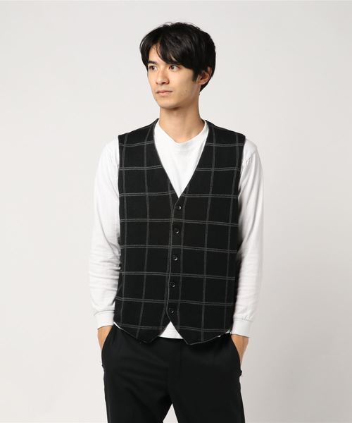M F Editorial エムエフエディトリアル の エムエフエディトリアルメンズ M F Editorial Men Folco フォルコ ウィンドペン柄ニットベスト 黒 ネイビー ベスト Wear