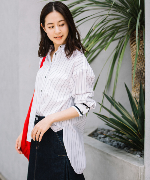 Munich(ミューニック)の「ニットリブカフスシャツ(シャツ/ブラウス・レディース・ホワイト/ブラック/ホワイト×グレー/ベージュ/ライトカーキ・FREE)」の2枚目の写真