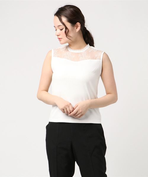 Doux archives Hamac(ドゥアルシーヴ アマーク)の「テレコ×レース切替ノースリT(Tシャツ/カットソー・レディース・ホワイト/ブラック/カーキ・MEDIUM)」の1枚目の写真
