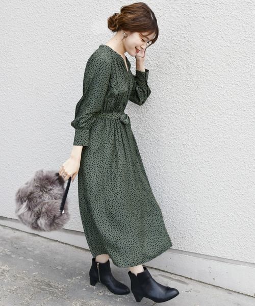 SHIPS　シップス【手洗い可能】レオパードカッセンワンピース　カーキ☆ セール】SHIPS Colors:〈手洗い可能〉リネンライク タイト