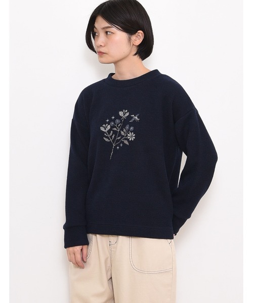 POU DOU DOU(プードゥドゥ)の「ニットソークロスステッチゆるトップス(Tシャツ/カットソー・レディース・ネイビー/ブラウン/アイボリー・3)」の3枚目の写真