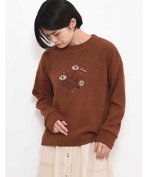 POU DOU DOU(プードゥドゥ)の「ニットソークロスステッチゆるトップス(Tシャツ/カットソー・レディース・ネイビー/ブラウン/アイボリー・3)」の9枚目の写真