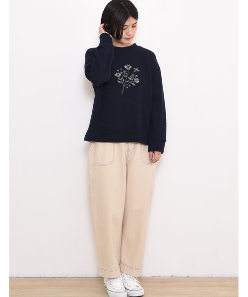 POU DOU DOU(プードゥドゥ)の「ニットソークロスステッチゆるトップス(Tシャツ/カットソー・レディース・ネイビー/ブラウン/アイボリー・3)」の14枚目の写真