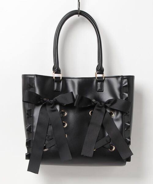 WEGO（ウィゴー）の「WEGO/レースアップリボントートバッグ（トートバッグ・レディース・ホワイト/ブラック・FREE）」の2枚目の写真