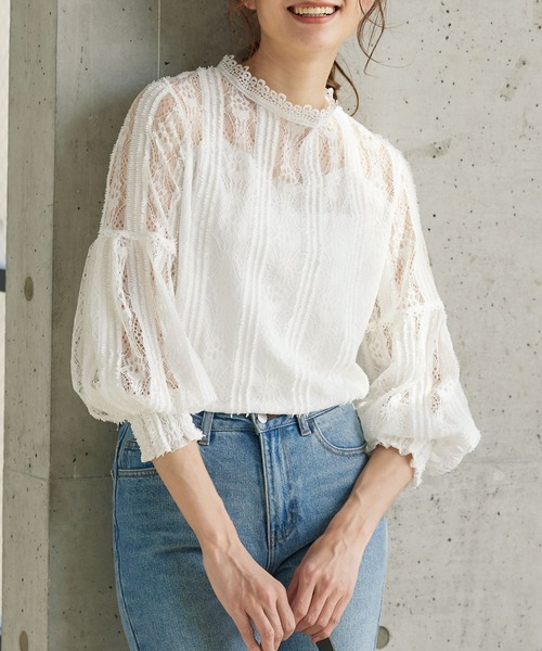 KOBE LETTUCE（コウベレタス）の「ボリューム袖デザインレースブラウス（シャツ/ブラウス・レディース・ピンク/オフホワイト/ブラック/ライトベージュ・FREE）」の2枚目の写真