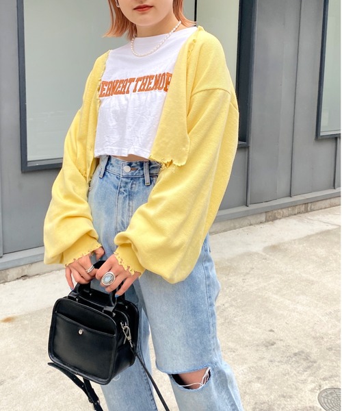 WHO'S WHO gallery(フーズフーギャラリー)の「ワッフルダメージカーデ(カーディガン/ボレロ・レディース・サックスブルー/オートミール/イエロー×グリーン/レモンイエロー/ブラック・FREE)」の5枚目の写真