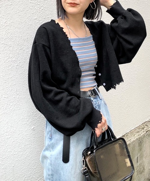 WHO'S WHO gallery(フーズフーギャラリー)の「ワッフルダメージカーデ(カーディガン/ボレロ・レディース・サックスブルー/オートミール/イエロー×グリーン/レモンイエロー/ブラック・FREE)」の2枚目の写真