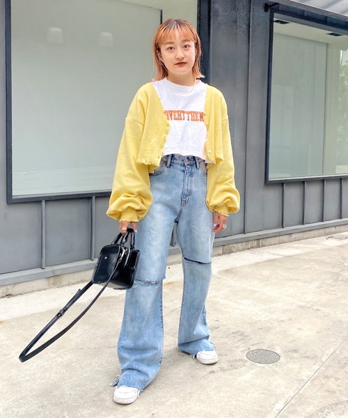 WHO'S WHO gallery(フーズフーギャラリー)の「ワッフルダメージカーデ(カーディガン/ボレロ・レディース・サックスブルー/オートミール/イエロー×グリーン/レモンイエロー/ブラック・FREE)」の9枚目の写真