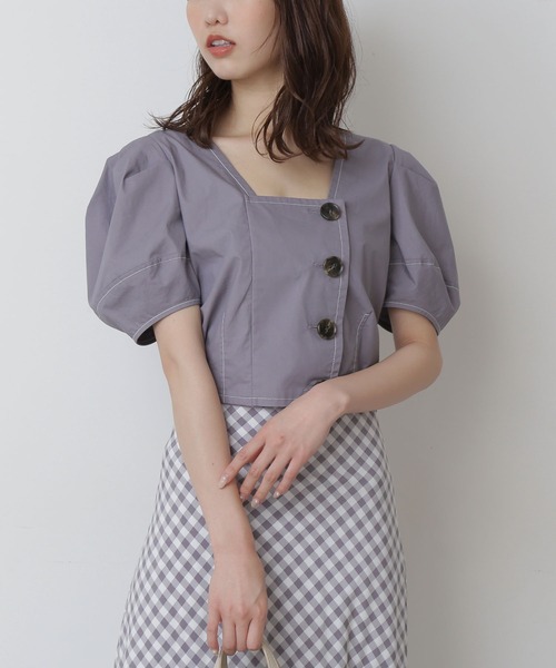 FREE'S MART（フリーズマート）の「◆フロントボタン配色ステッチ短丈ブラウス（シャツ/ブラウス・レディース・ホワイト/ベージュ/パープル・FREE）」の3枚目の写真