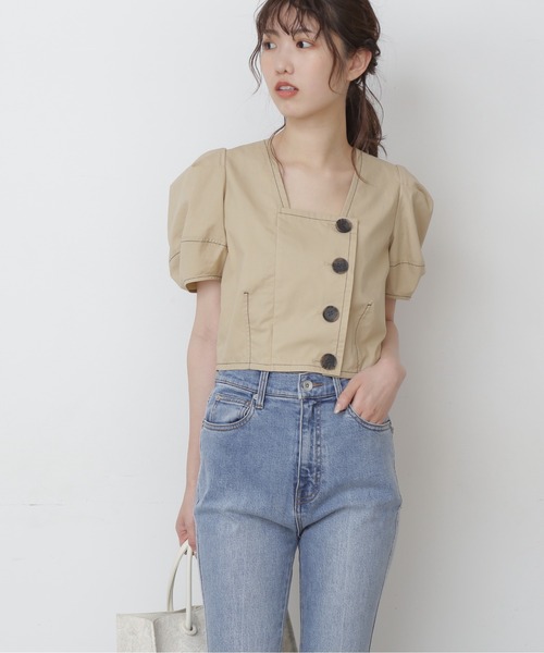 FREE'S MART（フリーズマート）の「◆フロントボタン配色ステッチ短丈ブラウス（シャツ/ブラウス・レディース・ホワイト/ベージュ/パープル・FREE）」の6枚目の写真